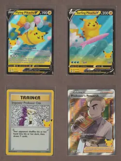 Pokemon Celebrations Pikachu 5/25 Card Plus Flying, Surfing, & Prof. Oak Cards - Image 3