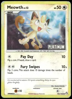 Pokemon Meowth - [Platinum] Promo Burger King Promos 106/146 HP Reverse Holo - Image 1