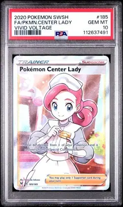 PSA 10 Gem Mint Pokemon Center Lady 185/185 Vivid Voltage Sword and Shield - Image 1