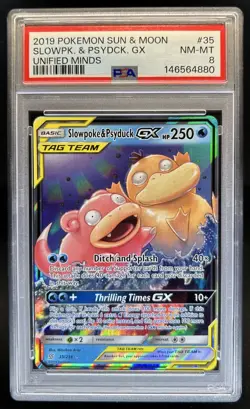 2019 Pokemon SM Unified Minds Slowpoke Psyduck Tag Team Holo #35/236 PSA 8 - Image 1