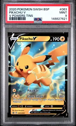 2020 POKEMON SWSH BLACK STAR PROMO V POWERS TINS #063 PIKACHU V PSA 9 - Image 1