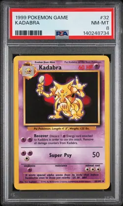 1999 POKEMON BASE SET UNLIMITED #32 KADABRA PSA 8 - Image 1