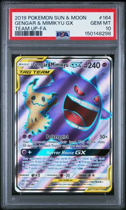 2019 POKEMON SUN & MOON TEAM UP #164 FULL ART/GENGAR & MIMIKYU GX PSA 10 - Image 1