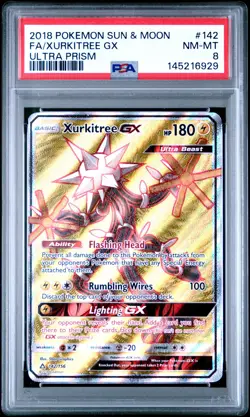 2018 POKEMON SUN & MOON ULTRA PRISM #142 FULL ART/XURKITREE GX PSA 8 - Image 1