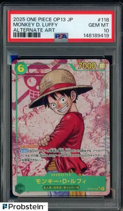 2025 One Piece OP13 Japanese Alternate Art #118 Monkey D. Luffy PSA 10 GEM MINT - Image 1