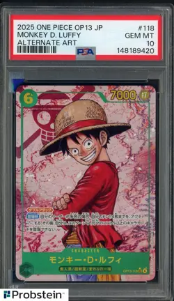 2025 One Piece OP13 Japanese Alternate Art #118 Monkey D. Luffy PSA 10 GEM MINT - Image 1