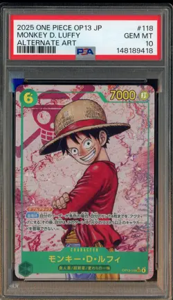 2025 One Piece OP13 Japanese Alternate Art #118 Monkey D. Luffy PSA 10 GEM MINT - Image 1