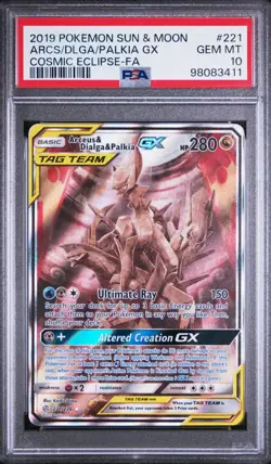 Pokemon Sun & Moon Cosmic Eclipse Arceus Dialga Palkia GX Alt Art 221/236 PSA 10 - Image 1