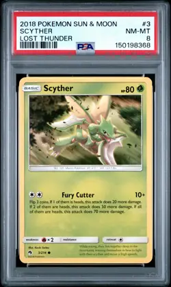 2018 POKEMON SUN & MOON LOST THUNDER #3 SCYTHER PSA 8 - Image 1