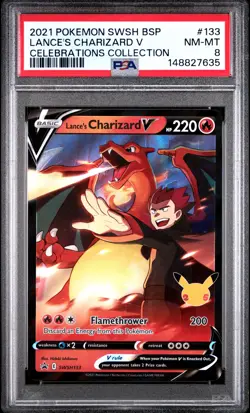 2021 POKEMON SWSH BLACK STAR PROMO CELEBRATIONS COLL LANCE'S CHARIZARD V PSA 8 - Image 1