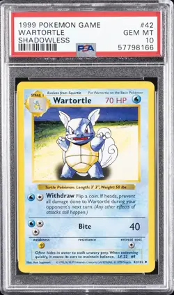 1999 POKEMON BASE SET SHADOWLESS #42 WARTORTLE PSA 10 - Image 1