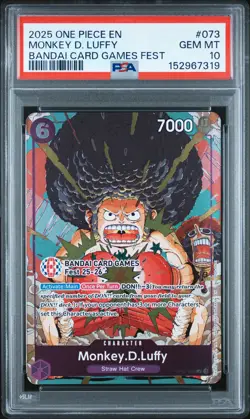 2025 ONE PIECE PROMOS BANDAI CARD GAMES FEST #073 MONKEY D. LUFFY PSA 10 - Image 1