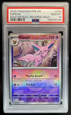 2025 Pokemon Prismatic Evolutions Espeon Reverse Master Ball #033/131 PSA 10 - Image 1