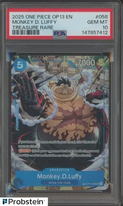 2025 One Piece OP13 EN #058 Monkey D. Luffy Treasure Rare PSA 10 GEM MINT - Image 1