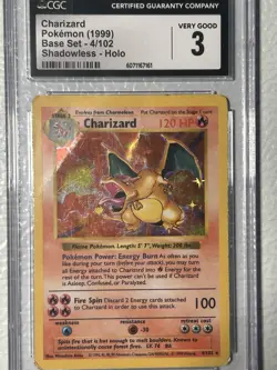 CGC 3 Graded shadowless Charizard 1999 Base Set 4/102 Holo Rare Pokemon Card - Image 1