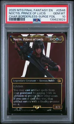 2025 MTG FINAL FANTASY BORDERLESS-SURGE FOIL NOCTIS, PRINCE OF LUCIS PSA 10 - Image 1