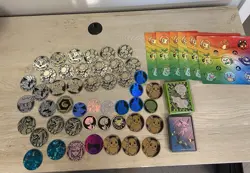 A Lot Of Pokemon Tcg Accessories 47 Coins, 2 Sleeves, 6 Stickers. Gengar, Eevee - Image 1