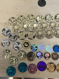 A Lot Of Pokemon Tcg Accessories 47 Coins, 2 Sleeves, 6 Stickers. Gengar, Eevee - Image 2