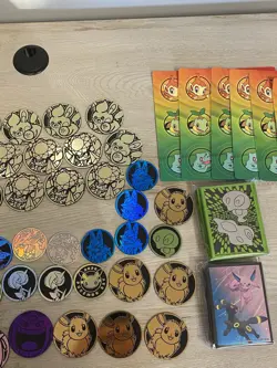 A Lot Of Pokemon Tcg Accessories 47 Coins, 2 Sleeves, 6 Stickers. Gengar, Eevee - Image 3