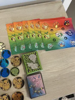A Lot Of Pokemon Tcg Accessories 47 Coins, 2 Sleeves, 6 Stickers. Gengar, Eevee - Image 4