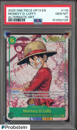 2025 One Piece OP13 EN Alternate Art #118 Monkey D Luffy PSA 10 GEM MINT - Image 1