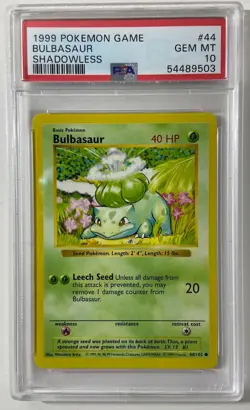 Pokemon Base Set 1999 Shadowless "BALBASAUR" PSA 10 Gem/Mint #44/102. - Image 1