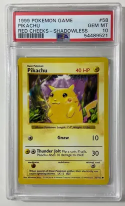 Pokemon Base Set 1999 Shadowless "RED CHEEKS PIKACHU" PSA 10 Gem/Mint #58/102. - Image 1