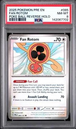 2025 POKEMON PRE EN-PRISMATIC EVOLUTIONS POKE BALL REVERSE HOLO FAN ROTOM PSA 8 - Image 1