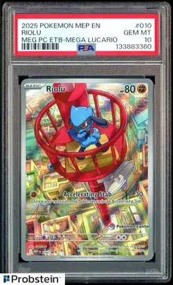 2025 Pokemon MEP EN Meg Pokemon Center Stamped ETB Mega Lucario 010 Riolu PSA 10 - Image 1