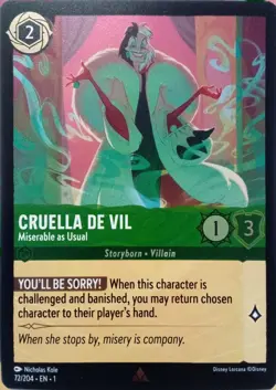 72/204 CRUELLA DE VIL MISERABLE AS USUAL FOIL RARE DISNEY LORCANA CARD - Image 1