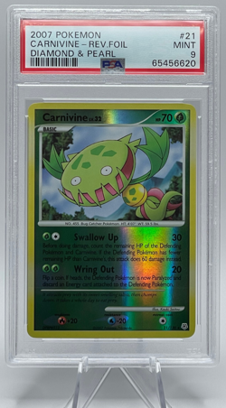 2007 POKEMON DIAMOND & PEARL #21 CARNIVINE-REVERSE FOIL PSA 9 MINT - Image 1