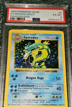 Pokemon 1999 Gyarados Base Set Shadowless 6/102 Holo Rare PSA 6 English TCG Card - Image 1