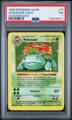 1999 POKEMON GAME SHADOWLESS #15 VENUSAUR-HOLO PSA 7 - Image 1