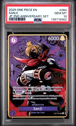 2025 ONE PIECE OP07-064 JAPANESE 2ND ANNIVERSARY SET SANJI ENG PSA 10 GEM MINT - Image 1