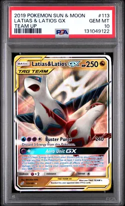 2019 POKEMON SUN & MOON TEAM UP #113 LATIAS & LATIOS GX PSA 10 - Image 1