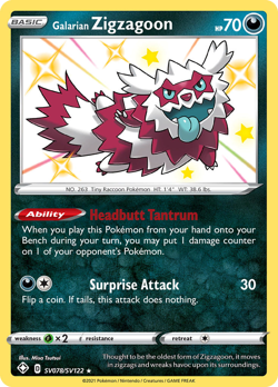 Galarian Zigzagoon SV078/SV122 Shiny Rare Shining Fates Shiny Vault Pokemon NM - Image 1