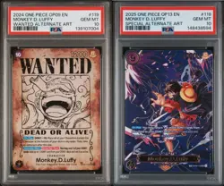 LOT OF 2 ONE PIECE MONKEY D. LUFFY OP09-119 WANTED & OP13-119 SP ALT ART PSA 10 - Image 1