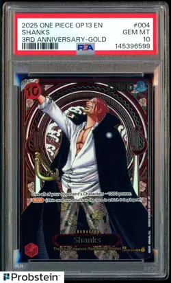 2025 One Piece OP13 ENGLISH 3rd Anniversary Gold #004 Shanks PSA 10 GEM MINT - Image 1