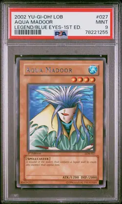 2002 YuGiOh Aqua Madoor PSA 9 MINT LOB Legend Blue Eyes 1st Ed. #027 - Image 1