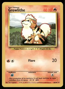 Pokemon Cards Growlithe 28/102 Base Set WOTC Uncommon NM - Image 1