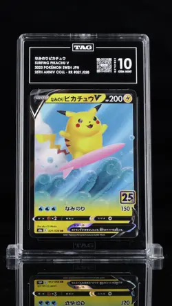TAG 10 GEM MINT Japanese Pokemon 2021 Surfing Pikachu V 021/028 S8a 25th Anniver - Image 1