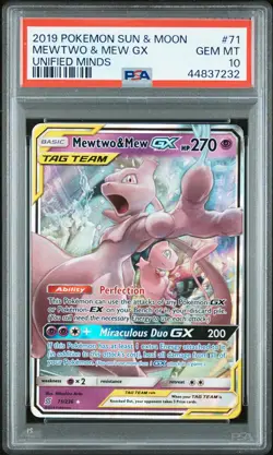 2019 POKEMON SUN & MOON UNIFIED MINDS #71 MEWTWO & MEW GX PSA 10 - Image 1
