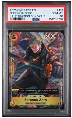 2025 ONE PIECE PROMOS ILLUSTRATION BOX VOL.3 #113 RORONOA ZORO PSA 10 - Image 1