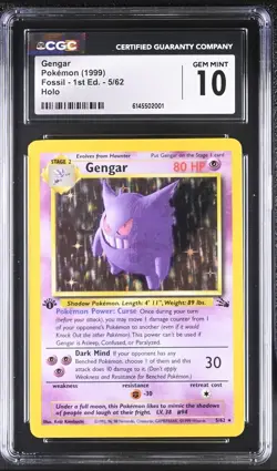 Pokemon English Gengar 5/62 1999 Fossil - 1st Edition Rare Holo CGC 10 Gem Mint - Image 3