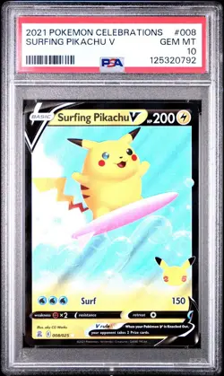 2021 Pokemon Celebrations 25 Anniversary Surfing Pikachu V #008 PSA 10 - Image 1