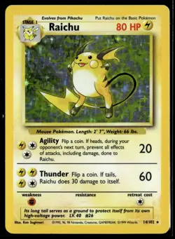Raichu 14/102 Holo Base Set Original Unlimited English Pokemon Card (HP) - Image 1