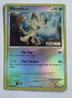 Pokemon TCG: 2008 Platinum Meowth Burger King Promo 106/146 Damaged - Image 1