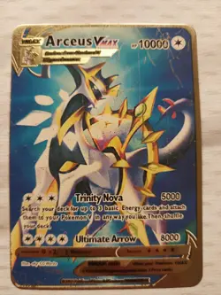 Gold Metal Arceus VMAX Pokemon Card heavy wear on front scratches - Image 1