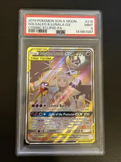 Solgaleo & Lunala GX (Full Art) 216/236 Cosmic Eclipse Pokemon Card PSA 9 MINT - Image 1