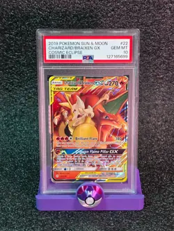 2019 POKEMON SUN & MOON COSMIC ECLIPSE #22 CHARIZARD & BRAIXEN GX PSA 10 - Image 1